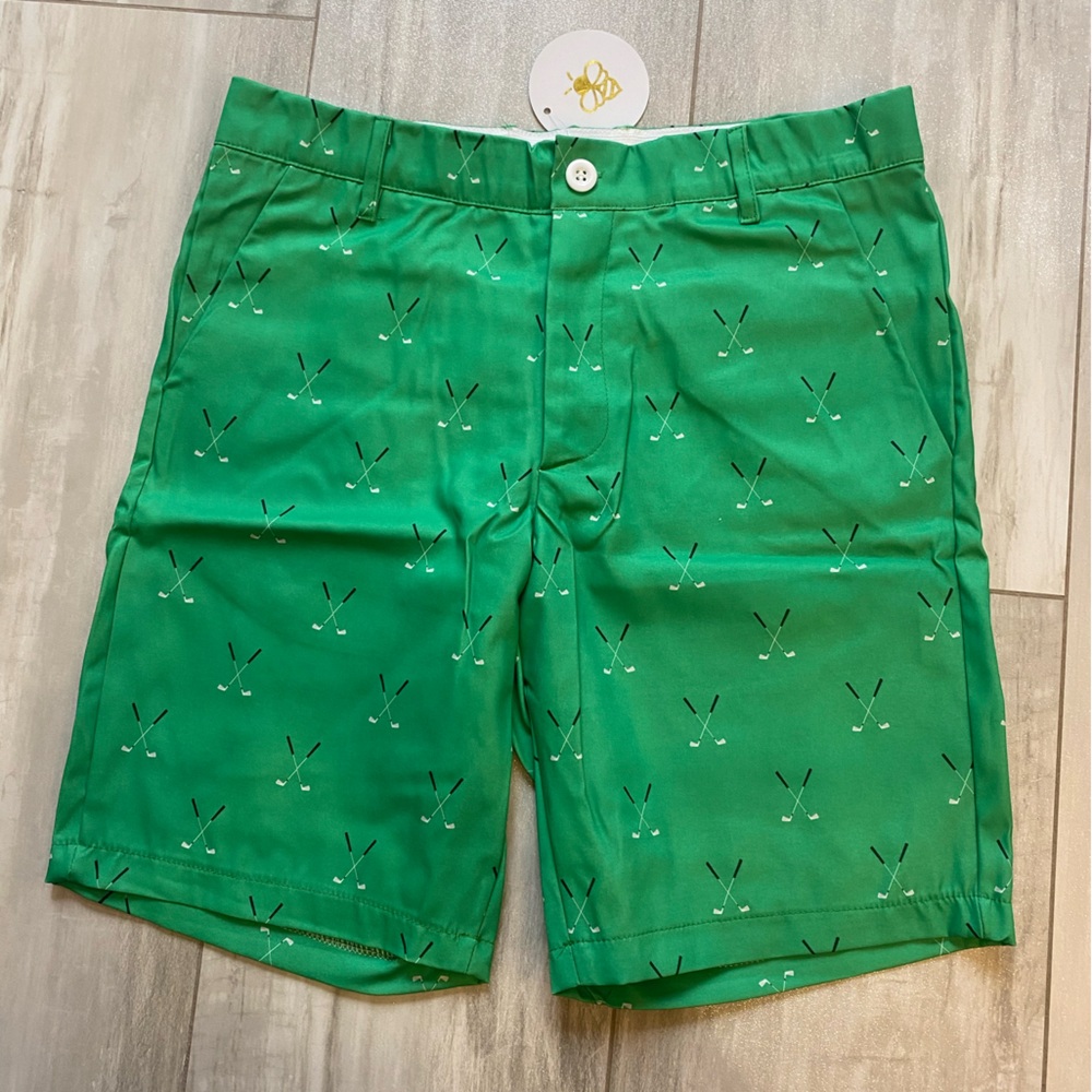 NWT Sugar Bee Kelly Green Polyester Golf Shorts with Printed Clubs, Men’s M